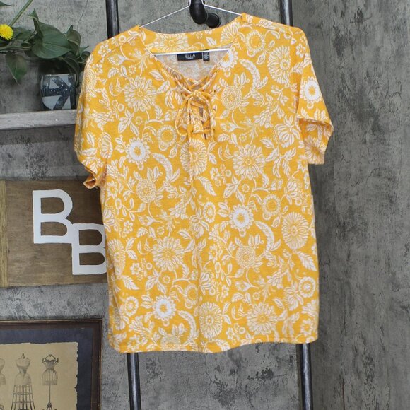 NWT ELLA Rafaella Paisley Print Lace-up Short Sleeve Tee Shirt Cadmium Yellow 1X - Picture 2 of 6